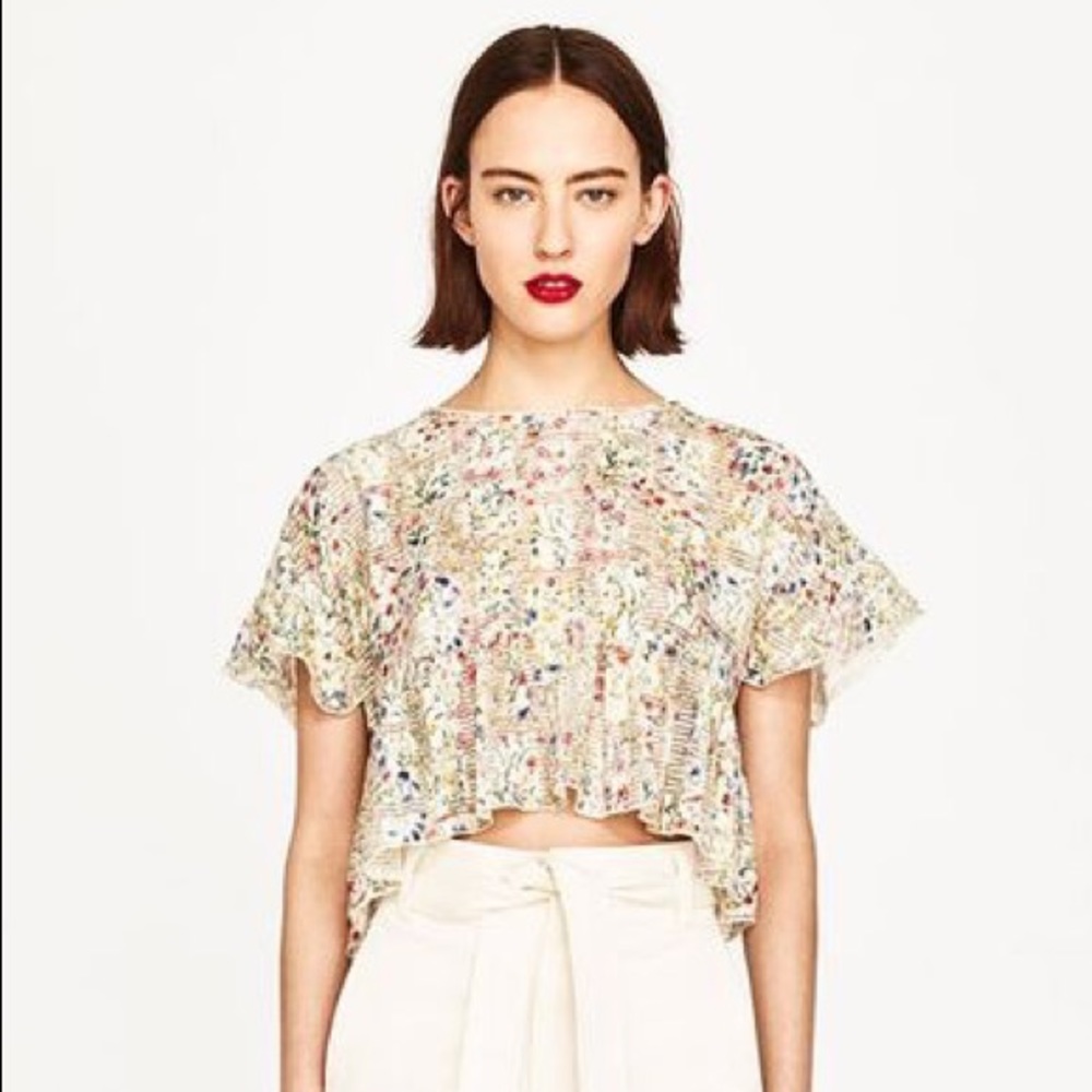 ZARA Striped Floral Print Short Sleeved Top